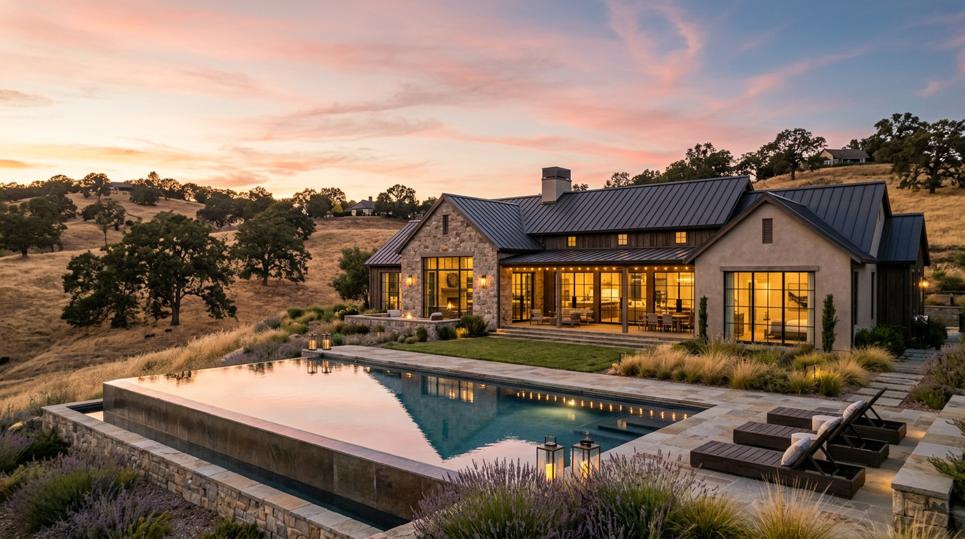 Luxury stone-and-glass estate with infinity pool overlooking golden Placer County oak hills at sunset